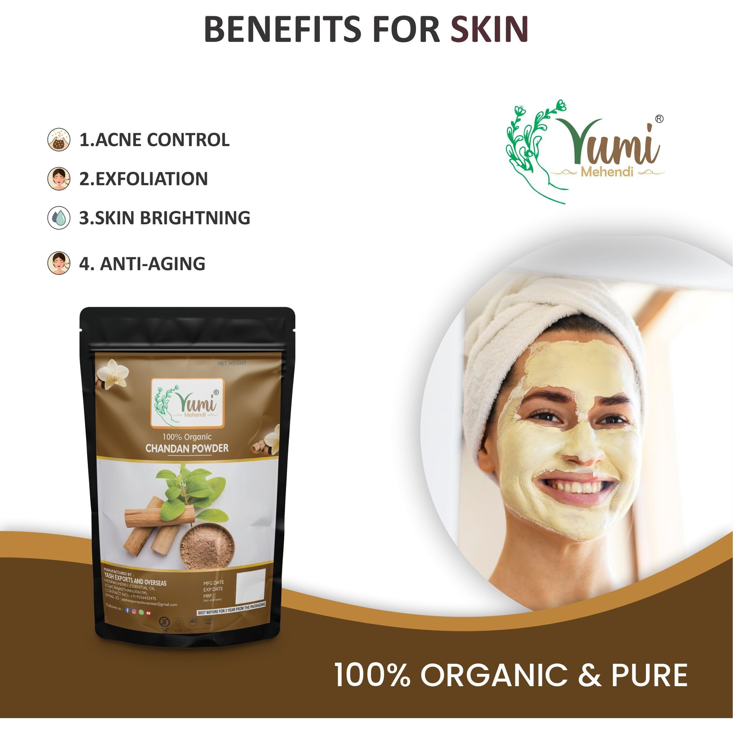 Yumi Mehendi Organic Natural Mulethi Powder For Face Pack, Hair Pack, Pure Fullers Earth For Soft and Glowing Skin, Bentonite Clay - 100g (Chandan)