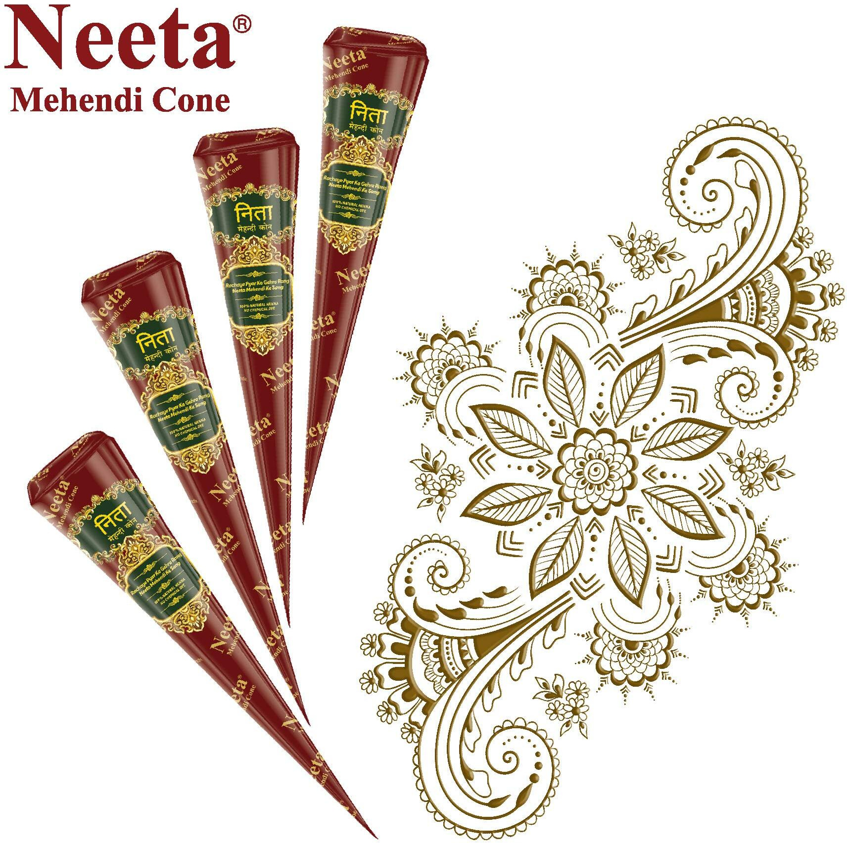 Neeta Mehendi Cones for Hand 4 Pc in 1 Box (Pack of 7) Bridal Mehndi Cones Natural Mehendi Cone for Wedding, Hand Designing, Reddish Brown Color Long Lasting Niddle Cones for Women