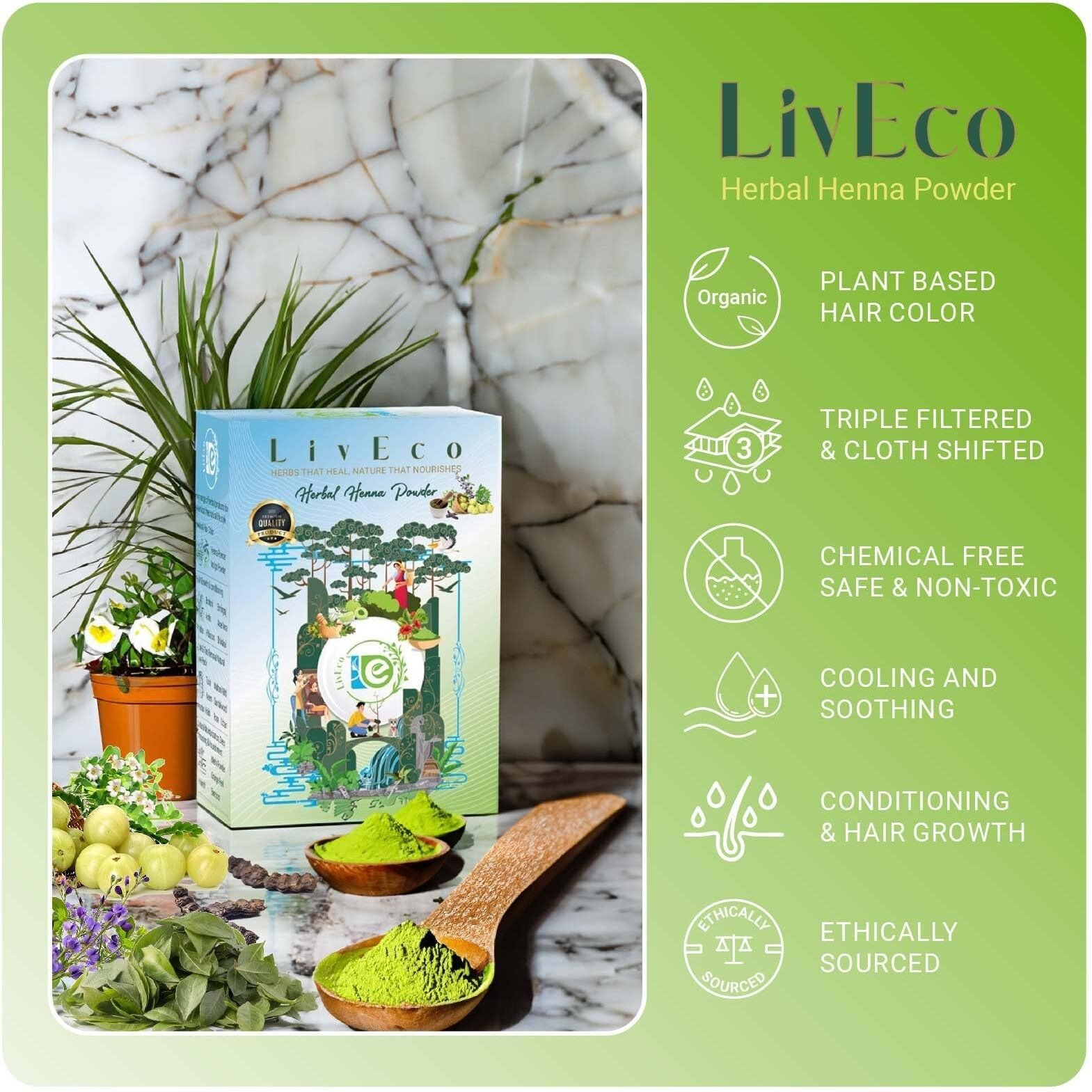 LivEco Herbal Henna Powder For Hair | Organic Mehndi Mix with 8 Herbals for Hair Color and Growth | with a Mehendi Applicator Brush Kit (300 g)