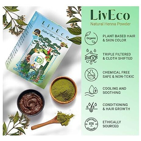 LivEco Natural Mehndi | Henna Powder For Pure Organic Hair Color, Mehandi Design On Hands | Body Art Quality | with a Mehendi Applicator Brush Kit | 150 Grams