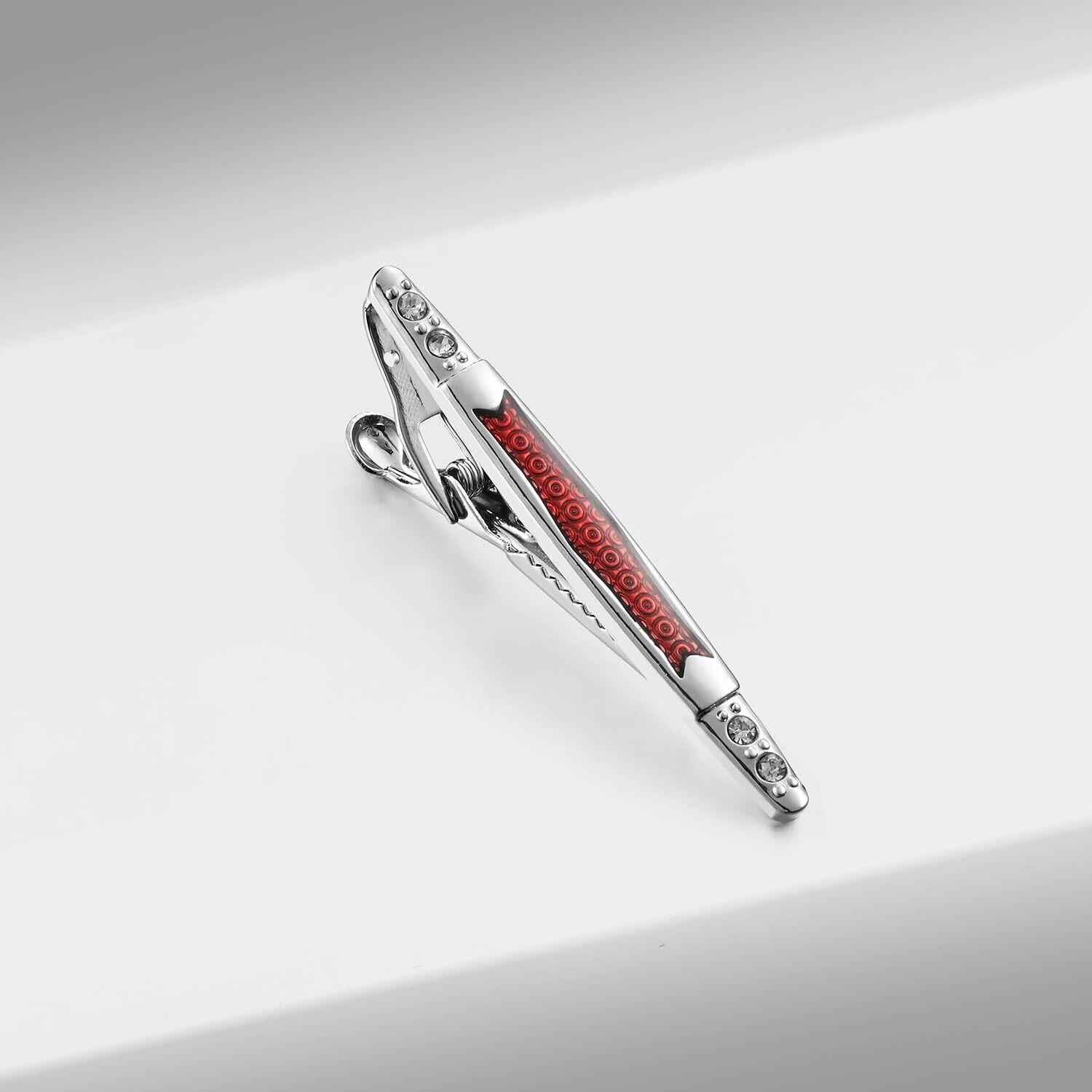 UJOY Mens Tie Pin Bar Enamel Silver Classic Mens Fashion Accessories Red with Rhinestones