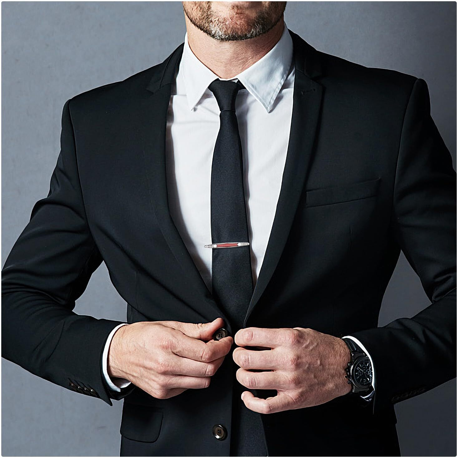 UJOY Mens Tie Pin Bar Enamel Silver Classic Mens Fashion Accessories Red with Rhinestones