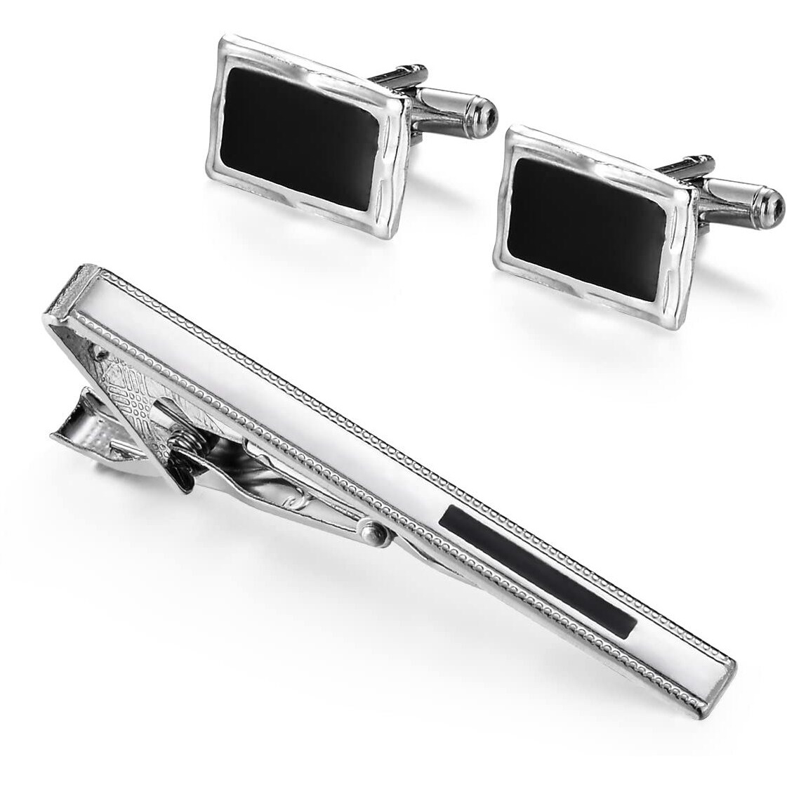 UJOY Cufflinks and Tie Clips Set Enamel Black in Gift Box Elegant Design