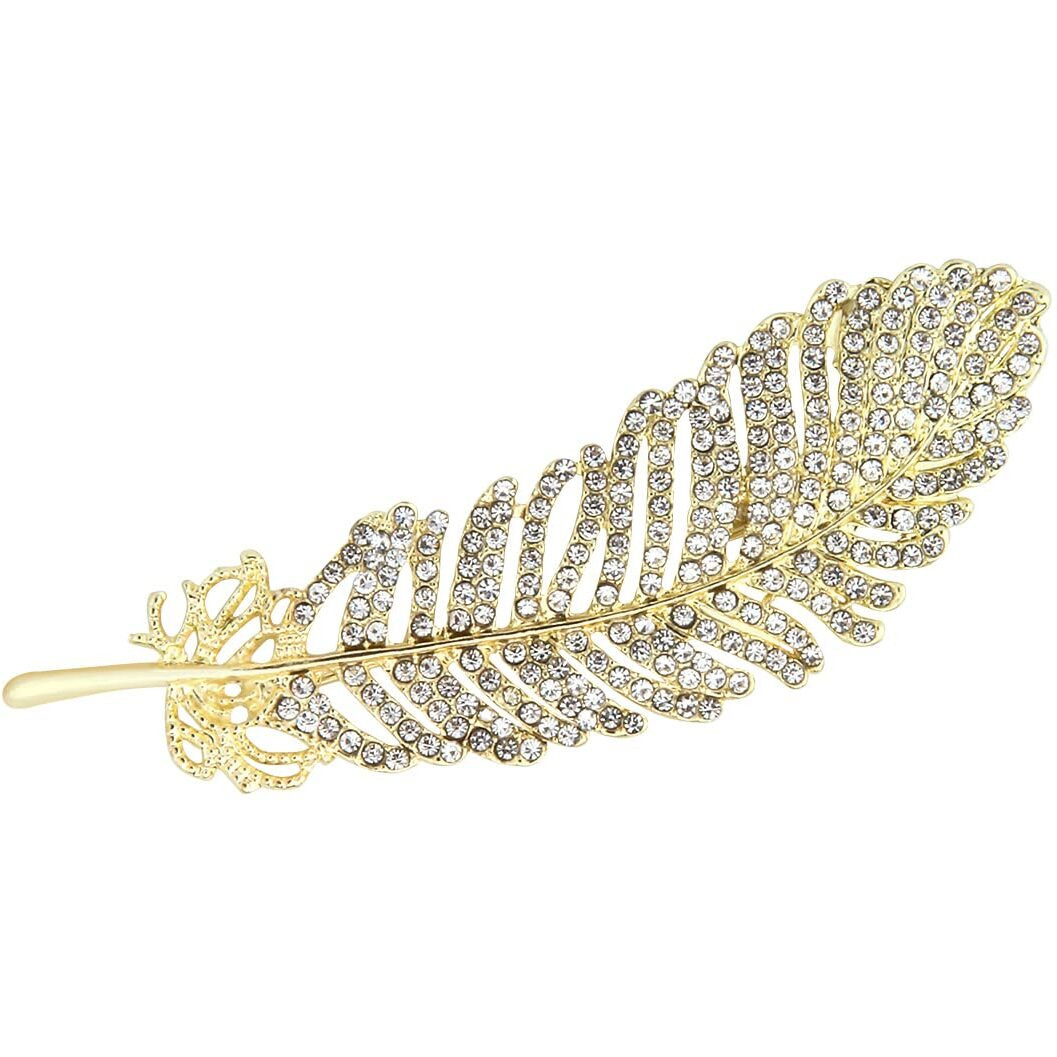 UJOY Lapel Pins Brooch Fashion Design Feather Gold with White CZ Stone