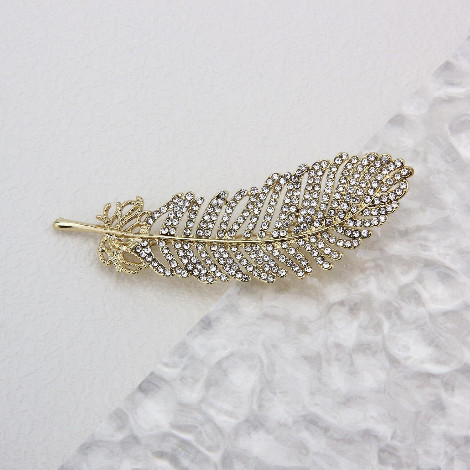 UJOY Lapel Pins Brooch Fashion Design Feather Gold with White CZ Stone