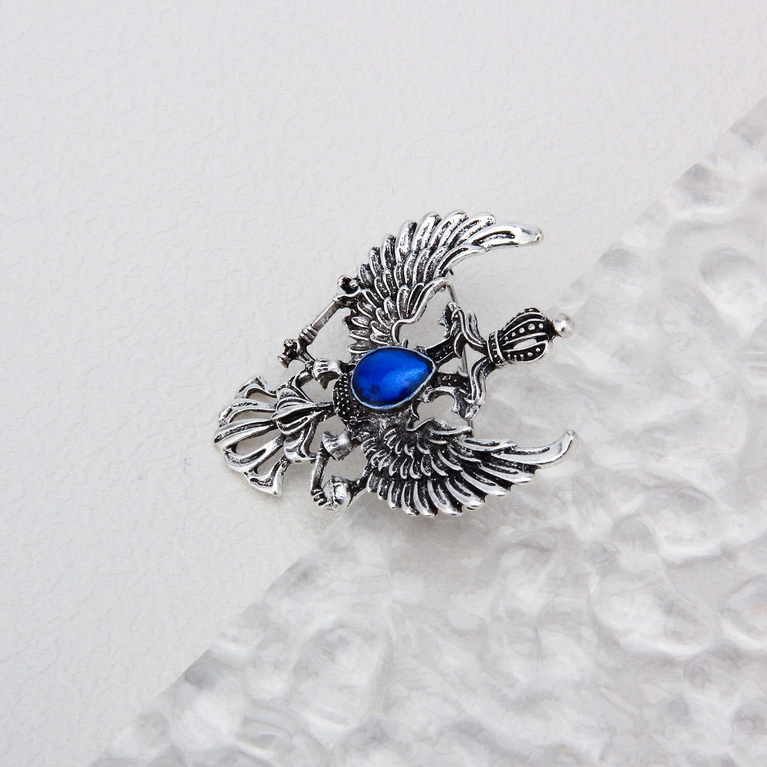 UJOY Lapel Pins Brooch Fashion Double Headed Eagle Design in Silver with Blue