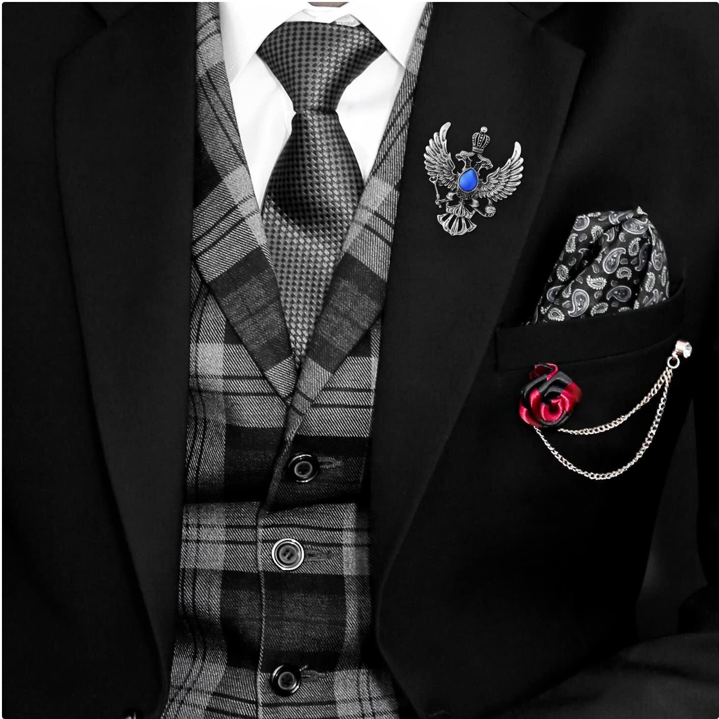 UJOY Lapel Pins Brooch Fashion Double Headed Eagle Design in Silver with Blue