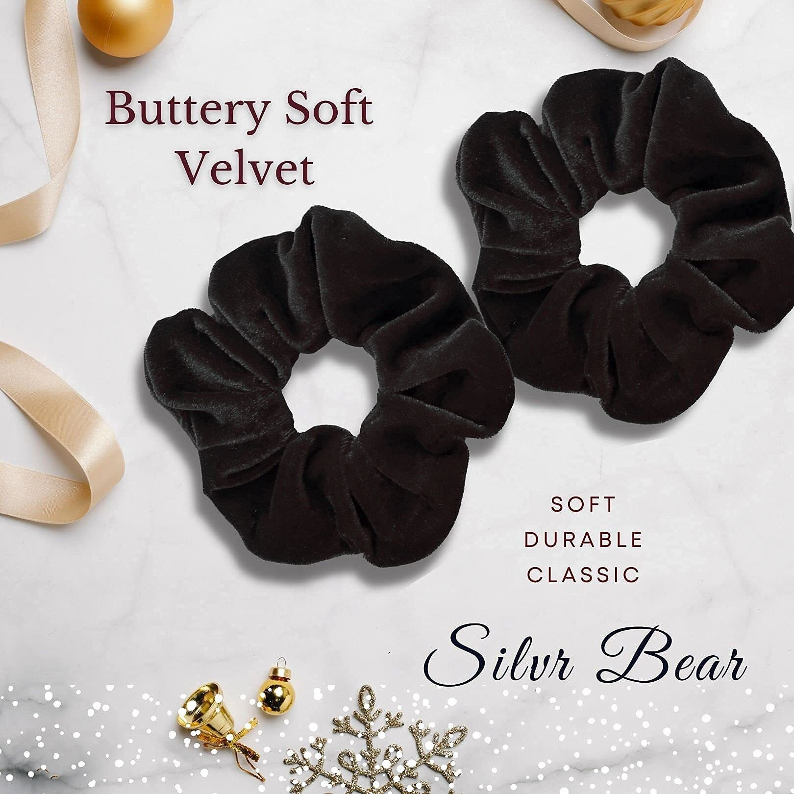 SILVR BEAR - Black Buttery Soft Velvet Scrunchies - Set of 8 | Anti-Hair-Breakage, Luxury Ponytail Holders pack for Girls, Women, Hair Ties, Best gift for Sister, Friend, Mom (Black Velvet 8))