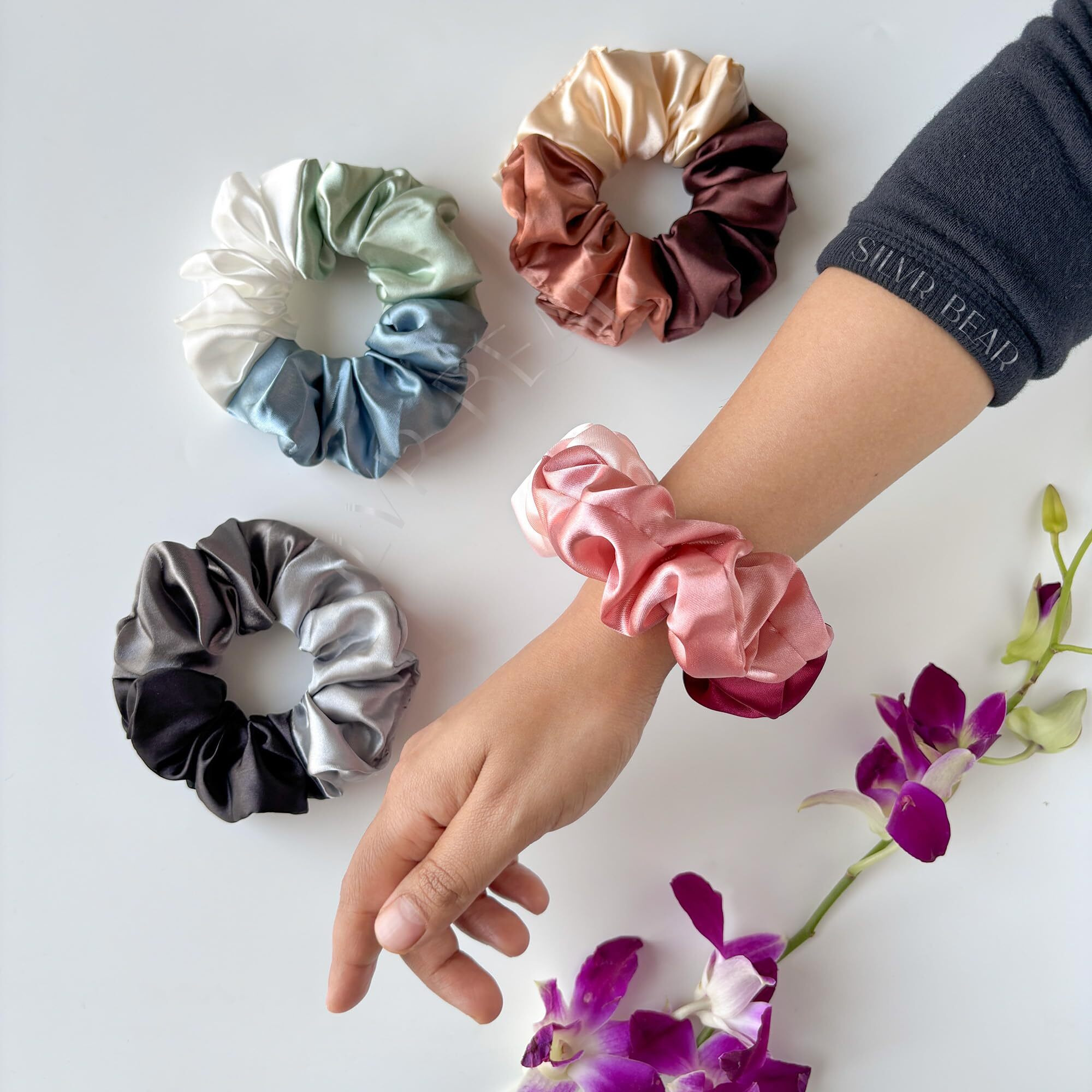 Silvr Bear Triple tone Satin Scrunchies for Women and Girls Multi-colour - 4 pack