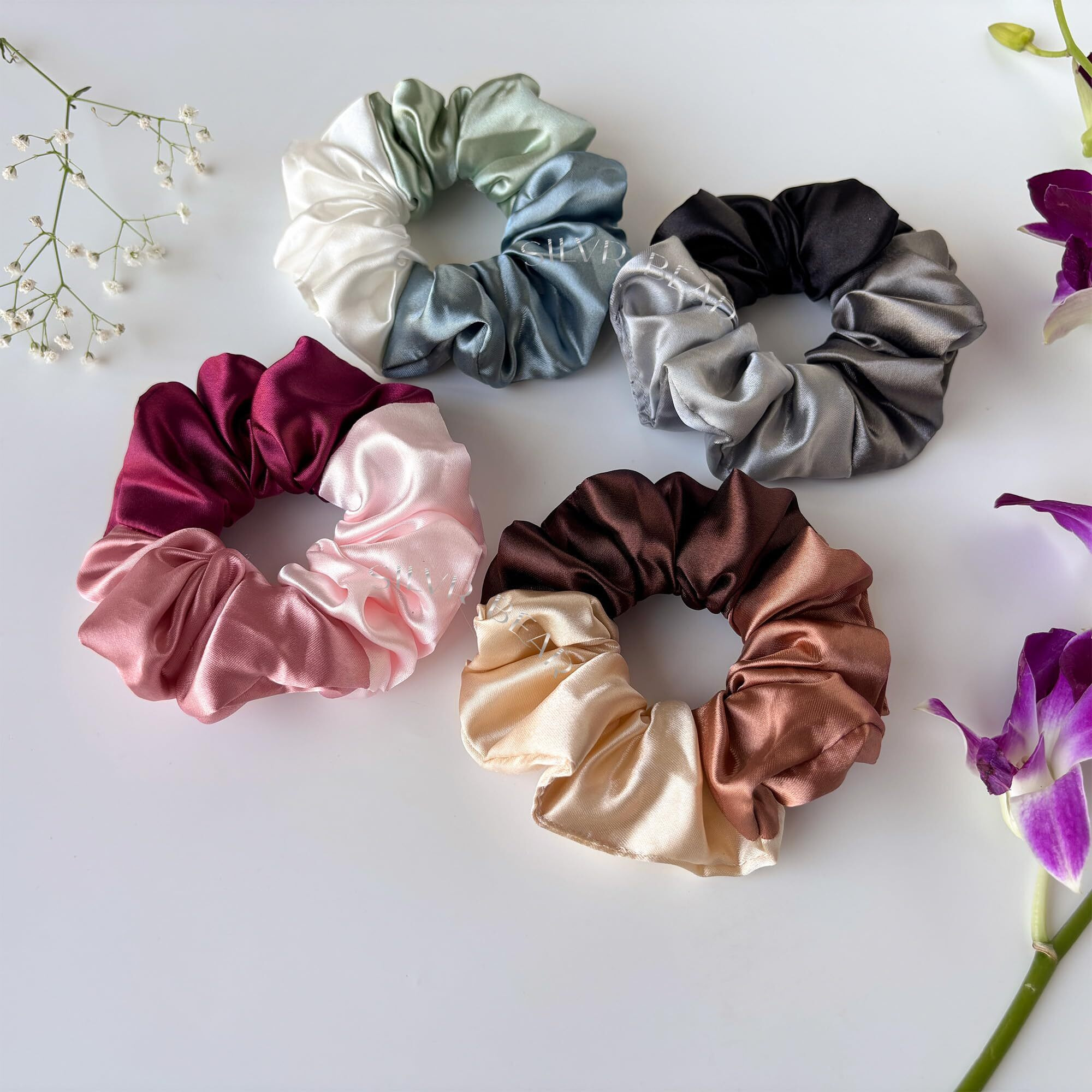 Silvr Bear Triple tone Satin Scrunchies for Women and Girls Multi-colour - 4 pack