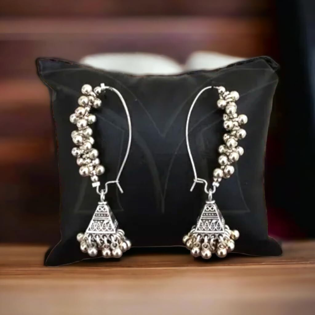 ROYAL NEEDS  YOUR HIGHNESS Girls Oxidised Silver Polish Earrings Traditional Hanging Oxidised Jhumka Earrings