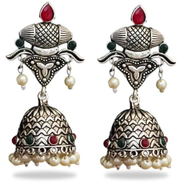 ROYAL NEEDS  YOUR HIGHNESS Oxidised Silver Polish Girls Earrings Traditional Oxidised Jhumka Earrings With Colorful Kundan Design Earrings
