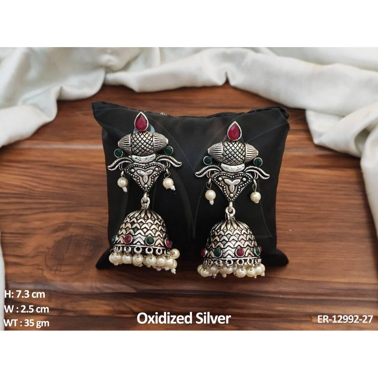 ROYAL NEEDS  YOUR HIGHNESS Oxidised Silver Polish Girls Earrings Traditional Oxidised Jhumka Earrings With Colorful Kundan Design Earrings