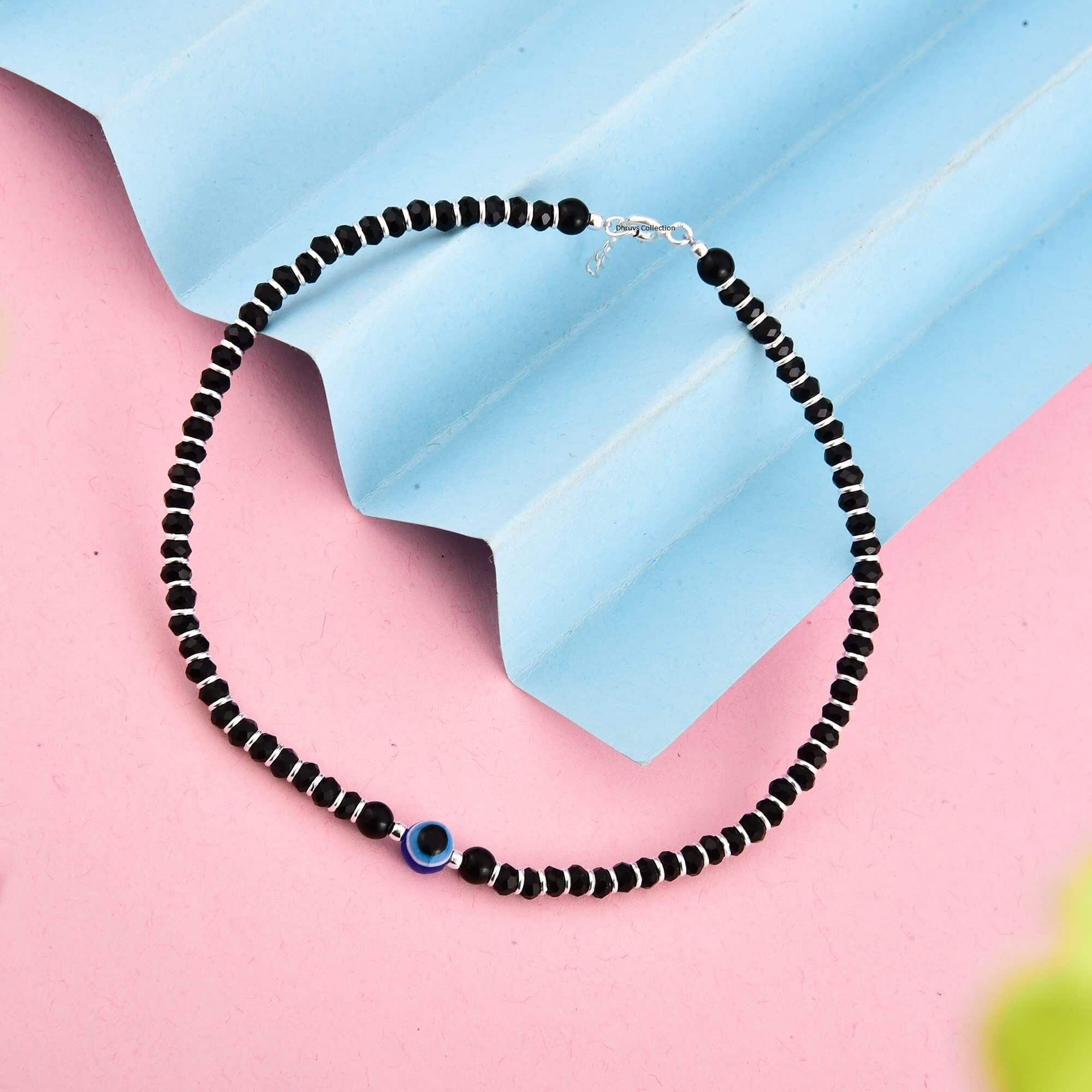 DHRUVS COLLECTION 92.5% Exclusive Evil Eye Nazariya Payal/Anklet with Black & Silver Crystal Beads For Girls and Women - One Piece