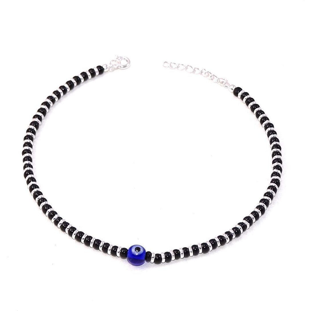 DHRUVS COLLECTION 92.5% Exclusive Evil Eye Nazariya Payal/Anklet with Black & Silver Crystal Beads For Girls and Women - One Piece