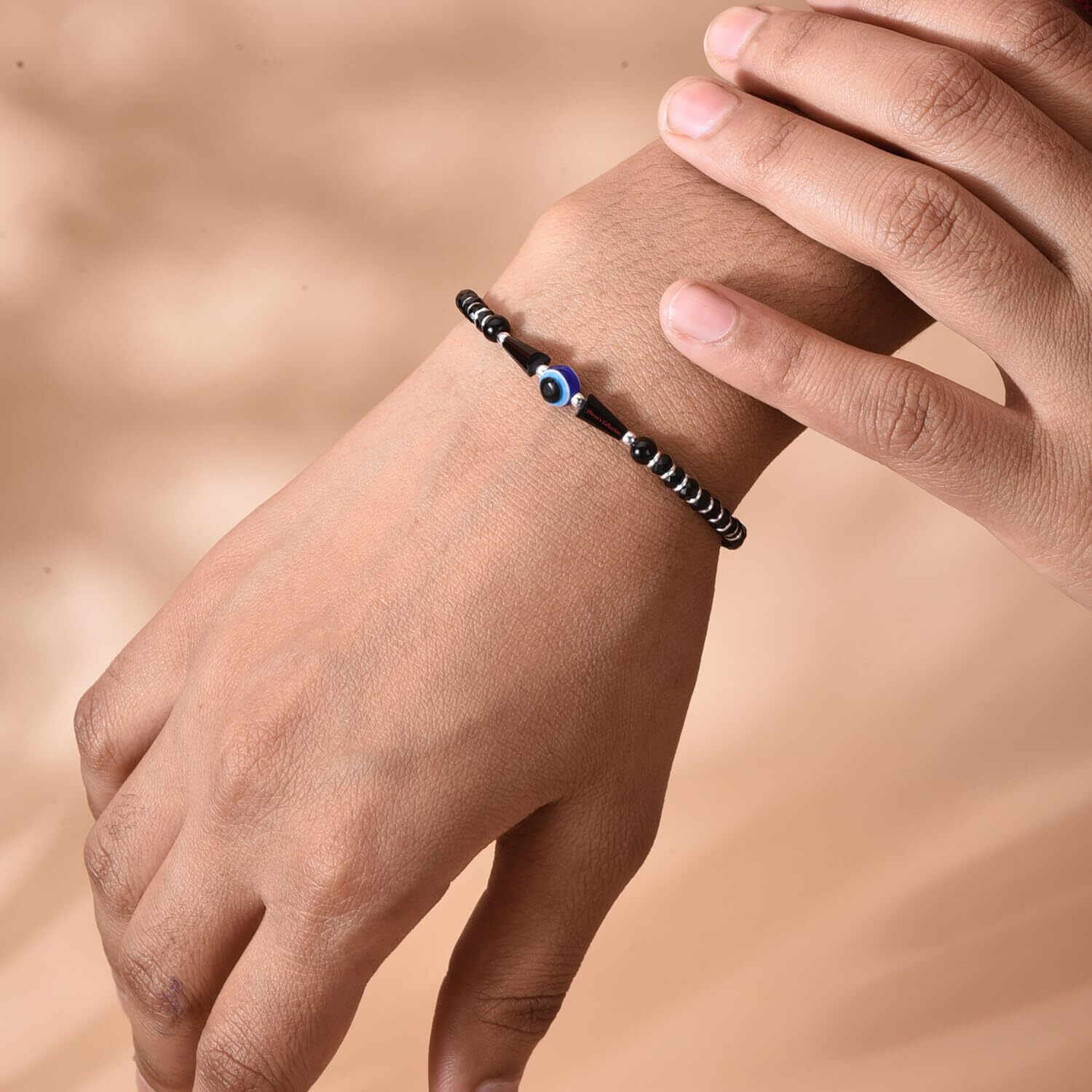 DHRUVS COLLECTION 925 Pure Silver Evil Eye Nazariya Bracelet with Black Crystals for Girls & Women