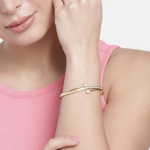 Estele Jewellery Bracelet For Women Gold & Rhodium Plated Classic Twin Cuff Bracelet with White Crystals for Girls and Women-101733 BR