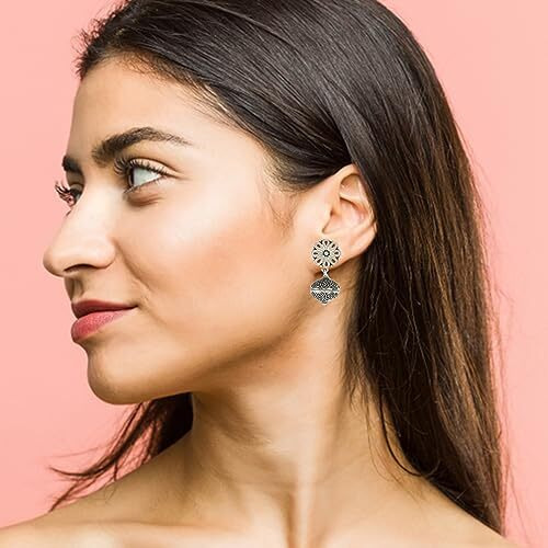 Estele Oxidized Silver Plated Orange Pink flower filigree bead Drop Earrings