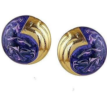 Estele Womens 24 Kt Gold Plated Aqua Round Enamel Stud Earrings