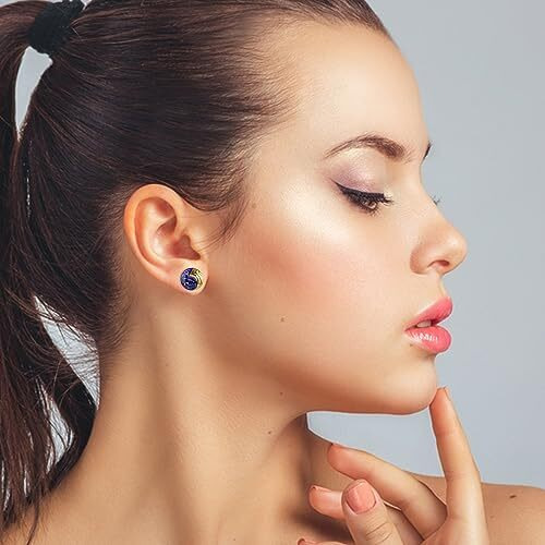 Estele Womens 24 Kt Gold Plated Aqua Round Enamel Stud Earrings