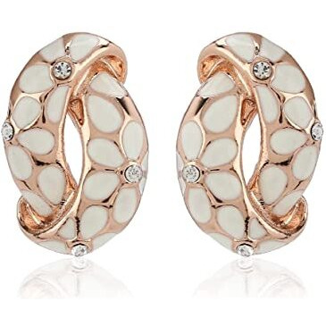 Estele Fashion Jewellery Rose Gold Plated Floral Print Designer Stud Earrings with White Enamel & Crystals for Girls/Women-702/707 ER