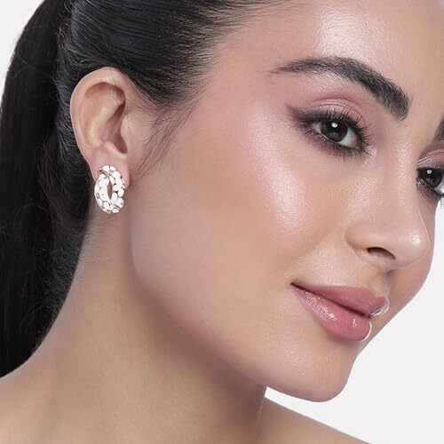 Estele Fashion Jewellery Rose Gold Plated Floral Print Designer Stud Earrings with White Enamel & Crystals for Girls/Women-702/707 ER
