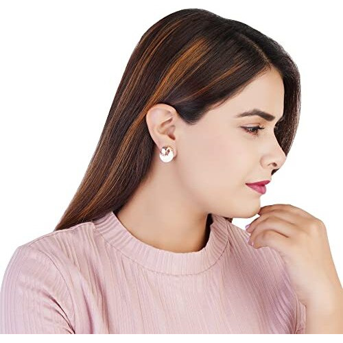 Estele Non-Precious Metal 24Kt Rose Gold Plated White Enamel Stud Earrings For Girls/Womens