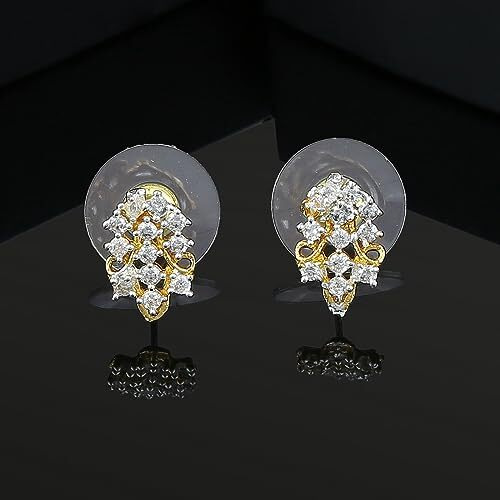 Estele Womens 24 Kt Gold Plated American Diamond Fern Leaf Stud Earrings