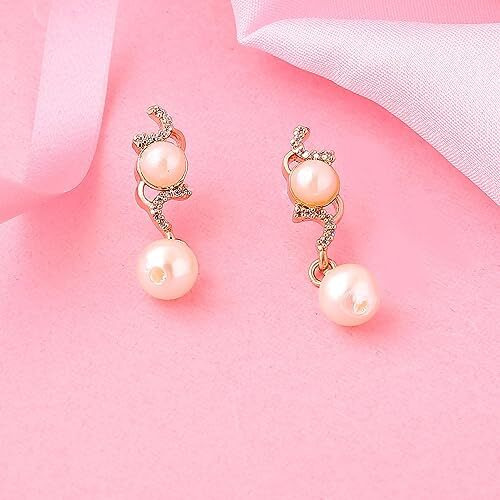 Estele Rhodium Plated American Diamond Pearl Flower Drop Earrings For Women