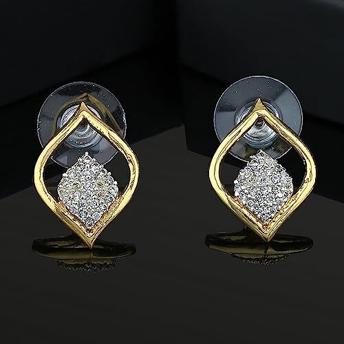 Estele Fashion Jewellery Gold and Rhodium Plated CZ (Jyoth) Leafy Designer Stud Earrings with White Stones for Girls/Women-AD-069/706 ER