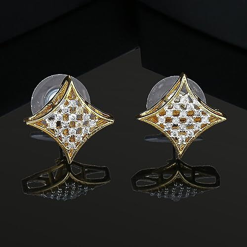 Estele 24 Kt Gold Plated American Diamond Croissant Stud Earrings for Women