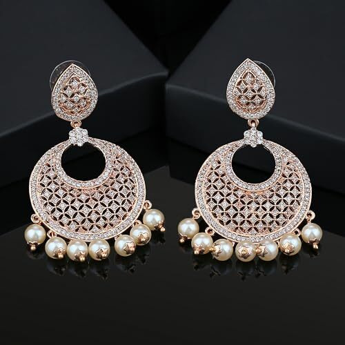 Estele Fashion Jewellery Rose Gold Plated CZ Attractive Designer Drop Earrings with Pearls for Girls and Women-AD-104/703 ER