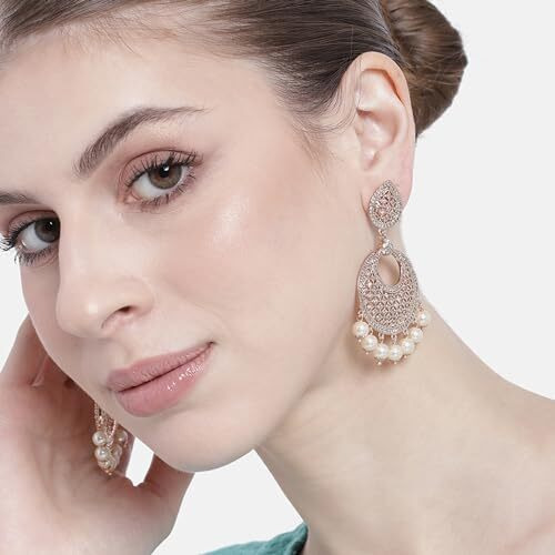 Estele Fashion Jewellery Rose Gold Plated CZ Attractive Designer Drop Earrings with Pearls for Girls and Women-AD-104/703 ER