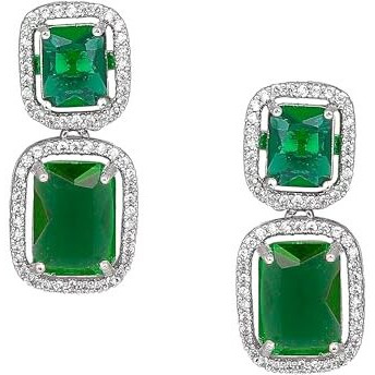 Estele Rhodium Plated American Diamond Radiant Emeral CZ Drop Earrings For Womens & Girls