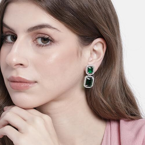 Estele Rhodium Plated American Diamond Radiant Emeral CZ Drop Earrings For Womens & Girls