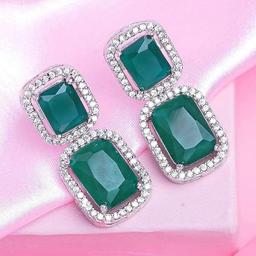 Estele Rhodium Plated American Diamond Radiant Emeral CZ Drop Earrings For Womens & Girls