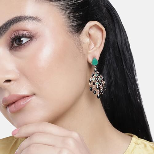 Estele Black, Green And Golden Trendy Metal Brass Chandelier Earrings For Women