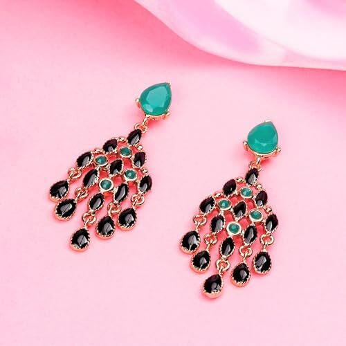 Estele Black, Green And Golden Trendy Metal Brass Chandelier Earrings For Women