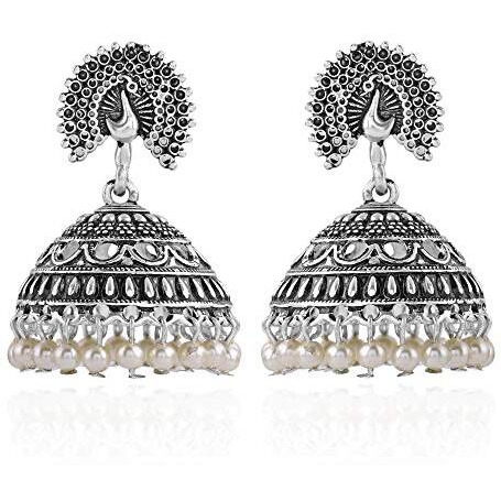 Estele Silver Oxidised Stylish Traditional Peacock Earrings