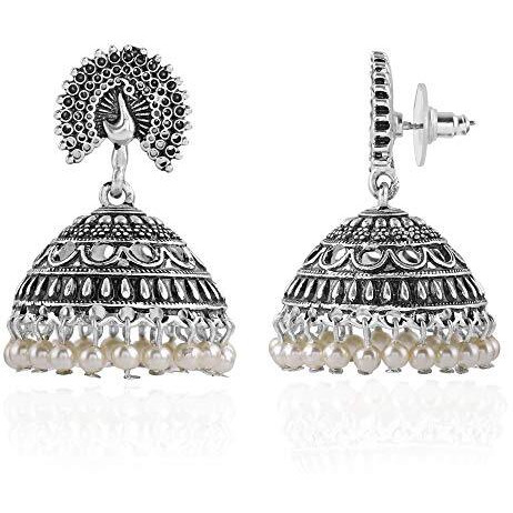 Estele Silver Oxidised Stylish Traditional Peacock Earrings