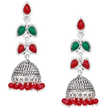 Estele Red & Green Gold Metal Brass Oxidised Silver Floral Model Enamel With Red Colour Pearl Drop Jhumka Earrings For Women