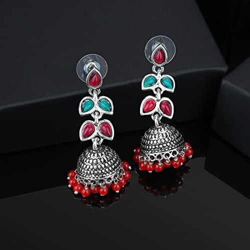Estele Red & Green Gold Metal Brass Oxidised Silver Floral Model Enamel With Red Colour Pearl Drop Jhumka Earrings For Women