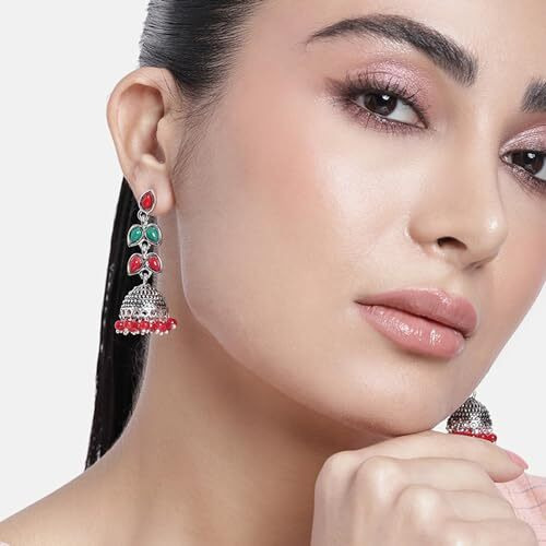 Estele Red & Green Gold Metal Brass Oxidised Silver Floral Model Enamel With Red Colour Pearl Drop Jhumka Earrings For Women