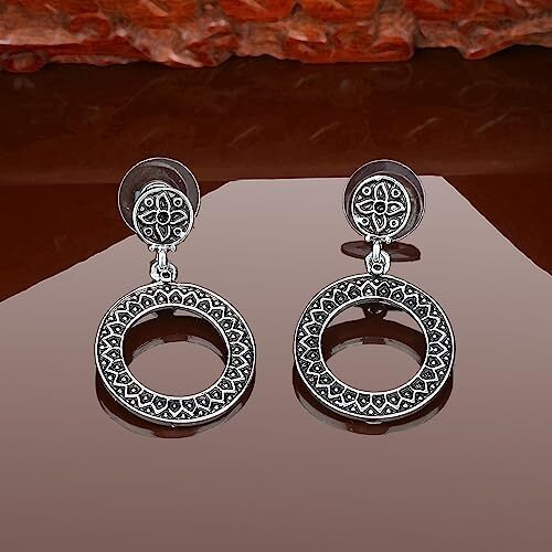 Estele Womens/Girls Oxidized Silver Plated Round Drop Stud Brass Metal Earrings