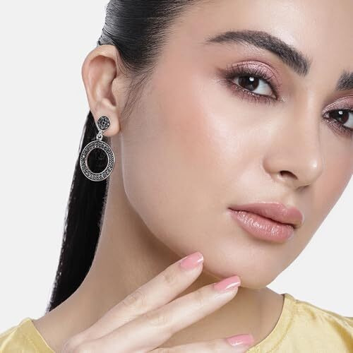 Estele Womens/Girls Oxidized Silver Plated Round Drop Stud Brass Metal Earrings