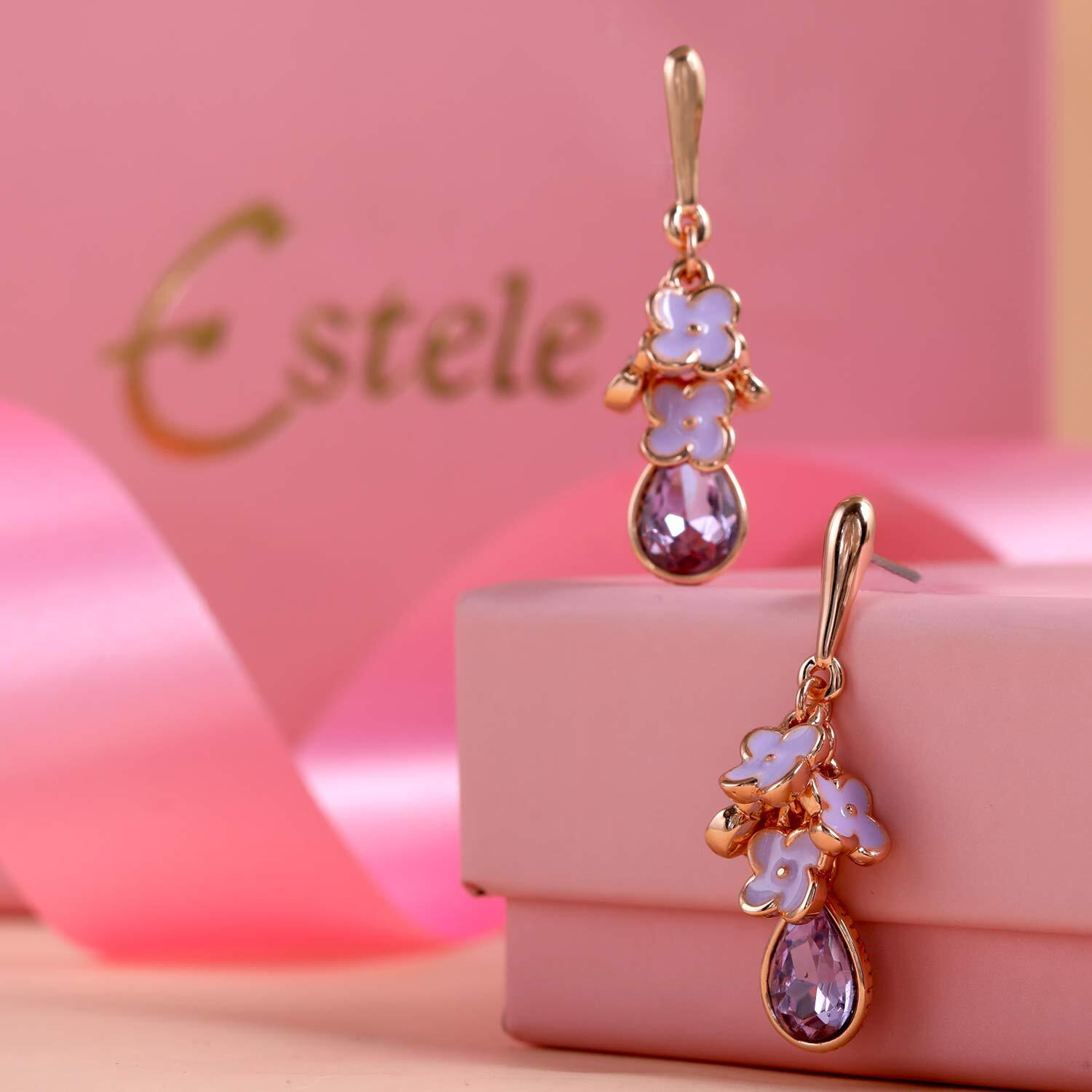 Estele Aqua coloured rose gold plated flower charms hanging earrings for women