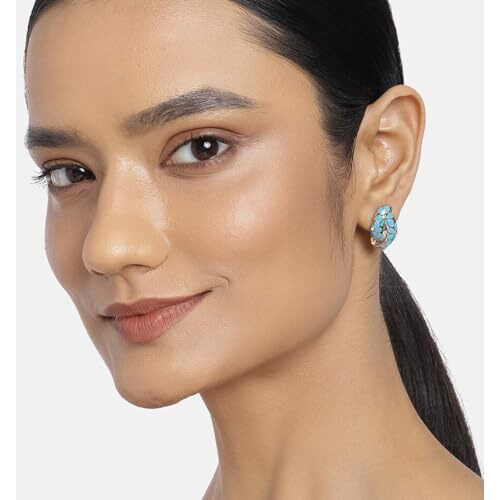 Estele Fashion Jewellery Rose Gold Plated Flower Print Crystal Studded Earrings With Aqua Enamel for Girls and Women-702/707 RG-AQ ER