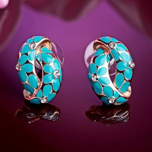 Estele Fashion Jewellery Rose Gold Plated Flower Print Crystal Studded Earrings With Aqua Enamel for Girls and Women-702/707 RG-AQ ER