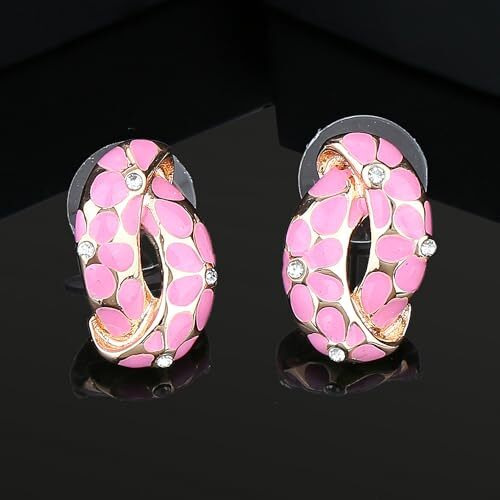 Estele Gold Plated Brass Earrings With Pink Coloured Flower Print for Girls and Women