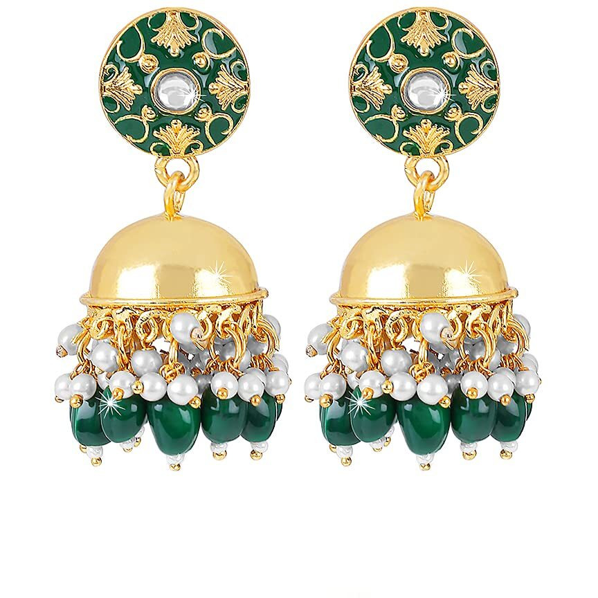 Yellow Chimes Earrings For Women & Girls | Traditional Green Meenakari Jhumka With Hanging Pearls | Gold Plated Jhumkas | Dome Shaped Jhumki Earring | Birthday & Anniversary Gift